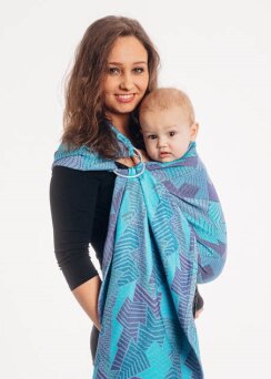 Żakardowa chusta kółkowa do noszenia dzieci, bawełna, ramię bez zakładek - PRYZMAT - NIEBIESKI PROMYK - long 2.1m